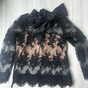 Black Lace Bow-Neck Women's Blouse - Elegant Evening Top